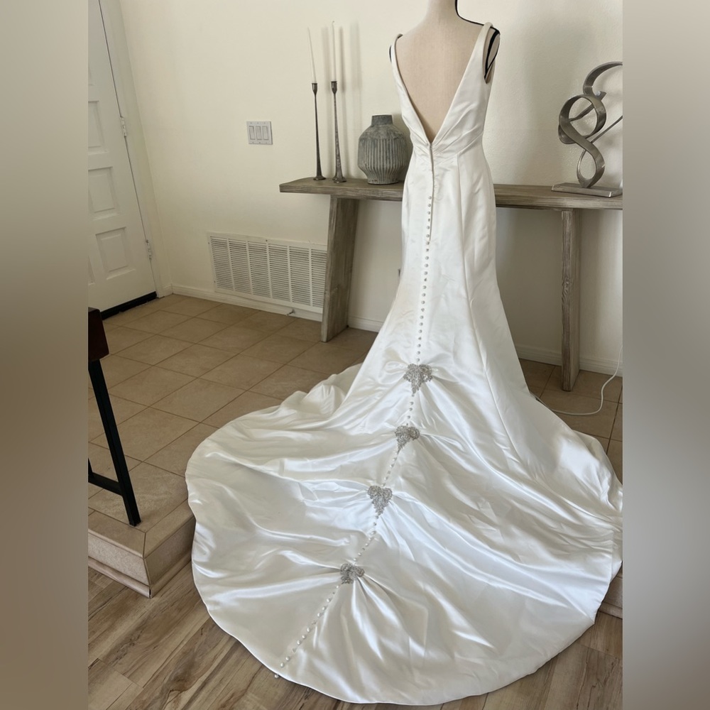 Allure Bridals White Satin V-Back Wedding Gown with Beaded Accents